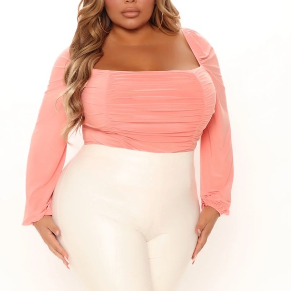 Fashion Nova Catch Your Heart Ruched Bodysuit in Peach size 1X - Picture 2 of 13